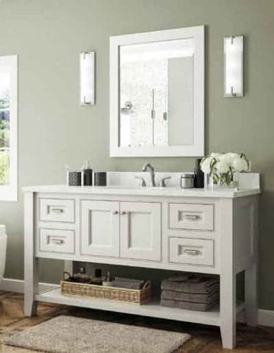 white bathroom vanity with drawers and shelf