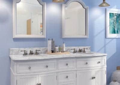 white double sink vanity in a blue bathroom