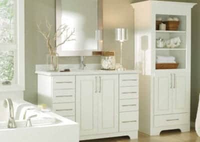 white bathroom vanity with storage tower