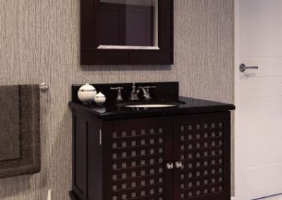 black bathroom cabinet with checkerboard detail