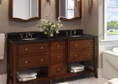 dark brown double vanity with under-sink storage