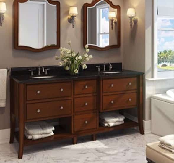 dark brown double vanity with under-sink storage