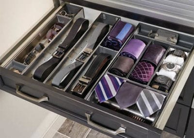 ties and belts organized in closet cabinet