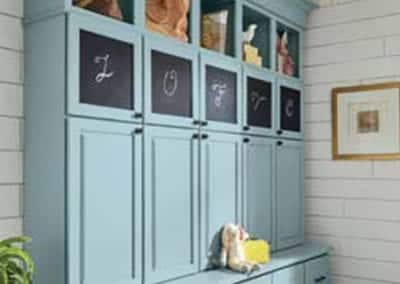 light blue mudroom custom cabinets