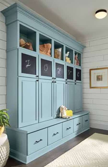 light blue mudroom custom cabinets
