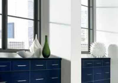navy blue custom cabinets in living room
