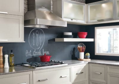 white kitchen cabinets with chalkboard backsplash