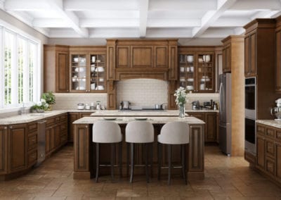 french style kitchen with warm wood cabinets and open counters