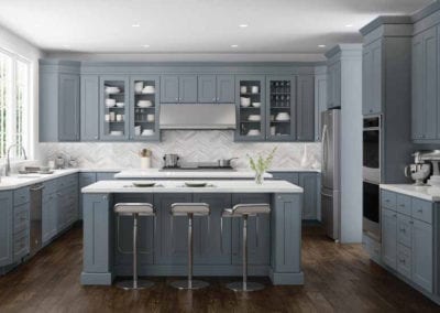 dusty blue kitchen cabinets with built-in storage
