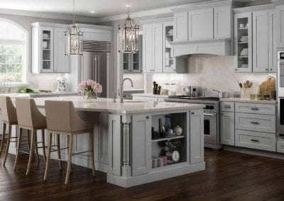 french style kitchen with grey cabinets and large island