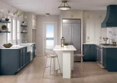 coastal kitchen with blue and white cabinets