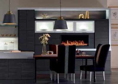 modern black kitchen cabinets with built-in fire feature