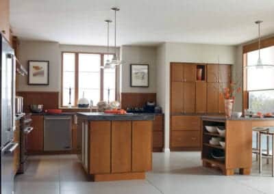 kitchen with brown cabinets and built-in storage