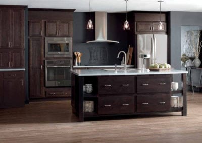 moody modern dark kitchen with built-in cabinets and island with open storage