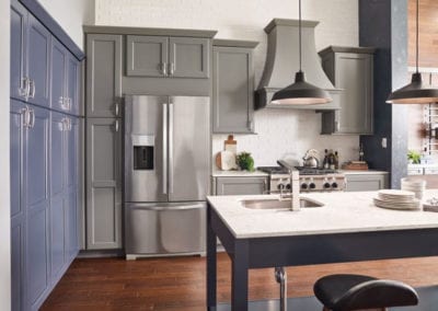 grey kitchen cabinets with large working island