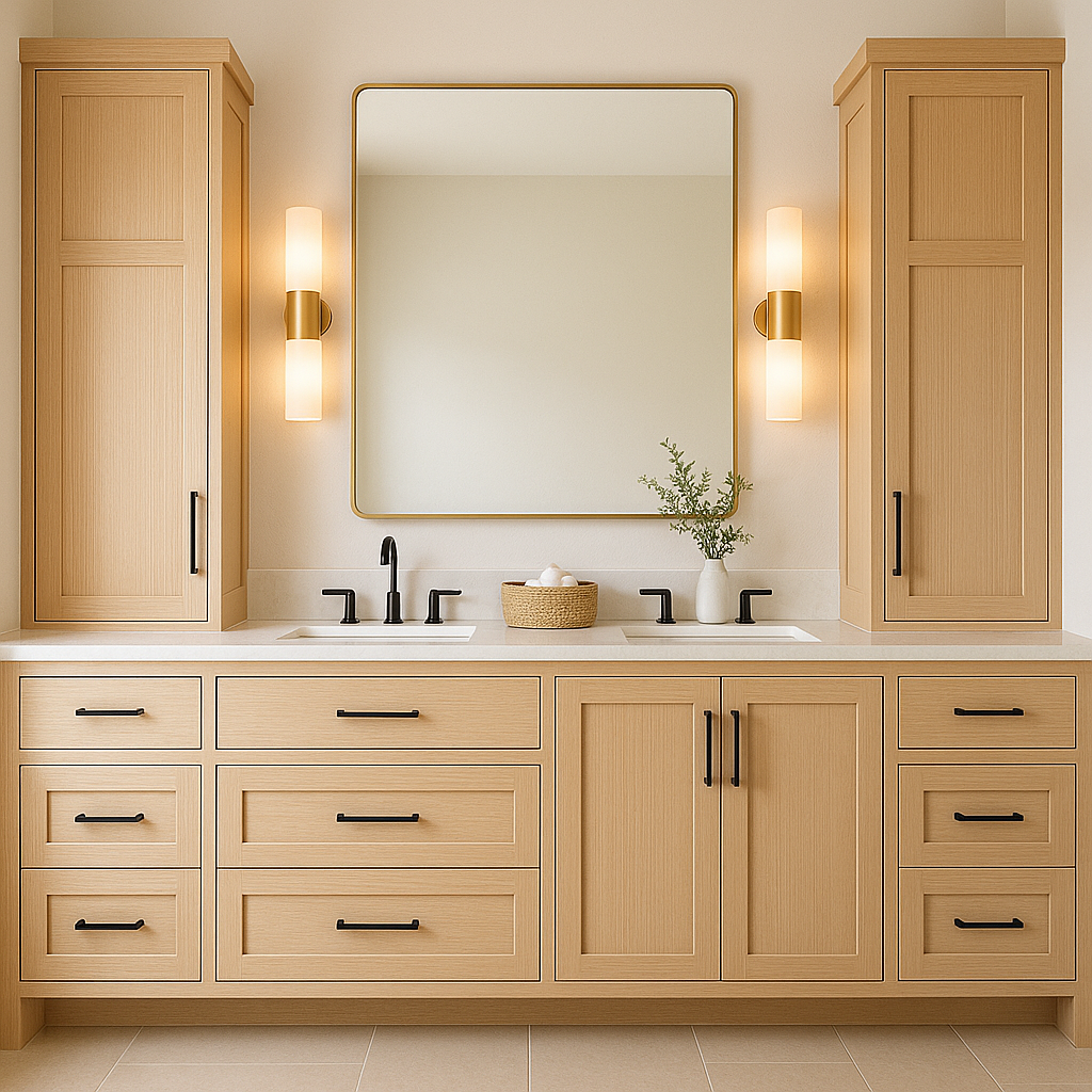 Image of a set of cabinets and drawers in a brightly lit bathroom. The cabinetry are white oak in color.