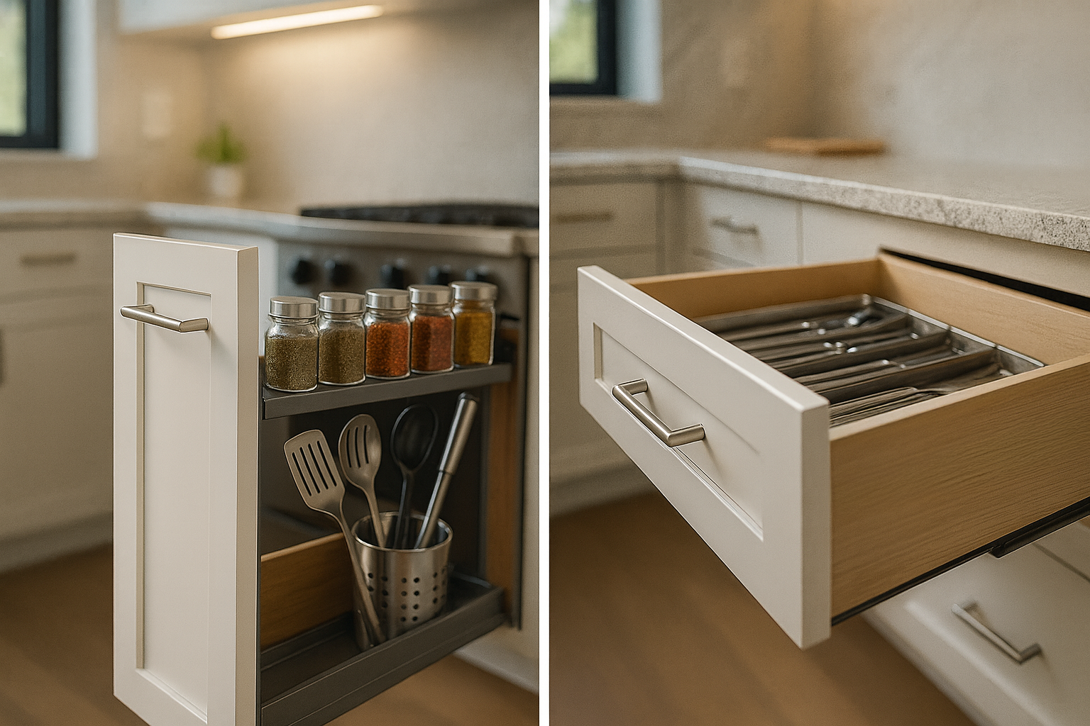 A side-by-side comparison image of a pull-out cabinet and kitchen drawer in a natural setting.