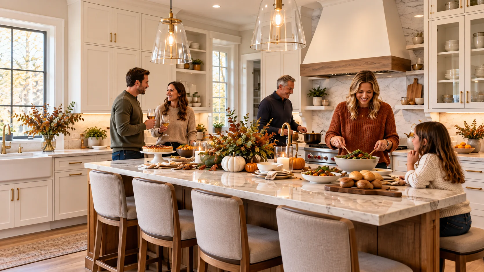 Family and friends gathering around a kitchen island decorated for Thanksgiving, with warm seasonal accents and cabinetry in view.